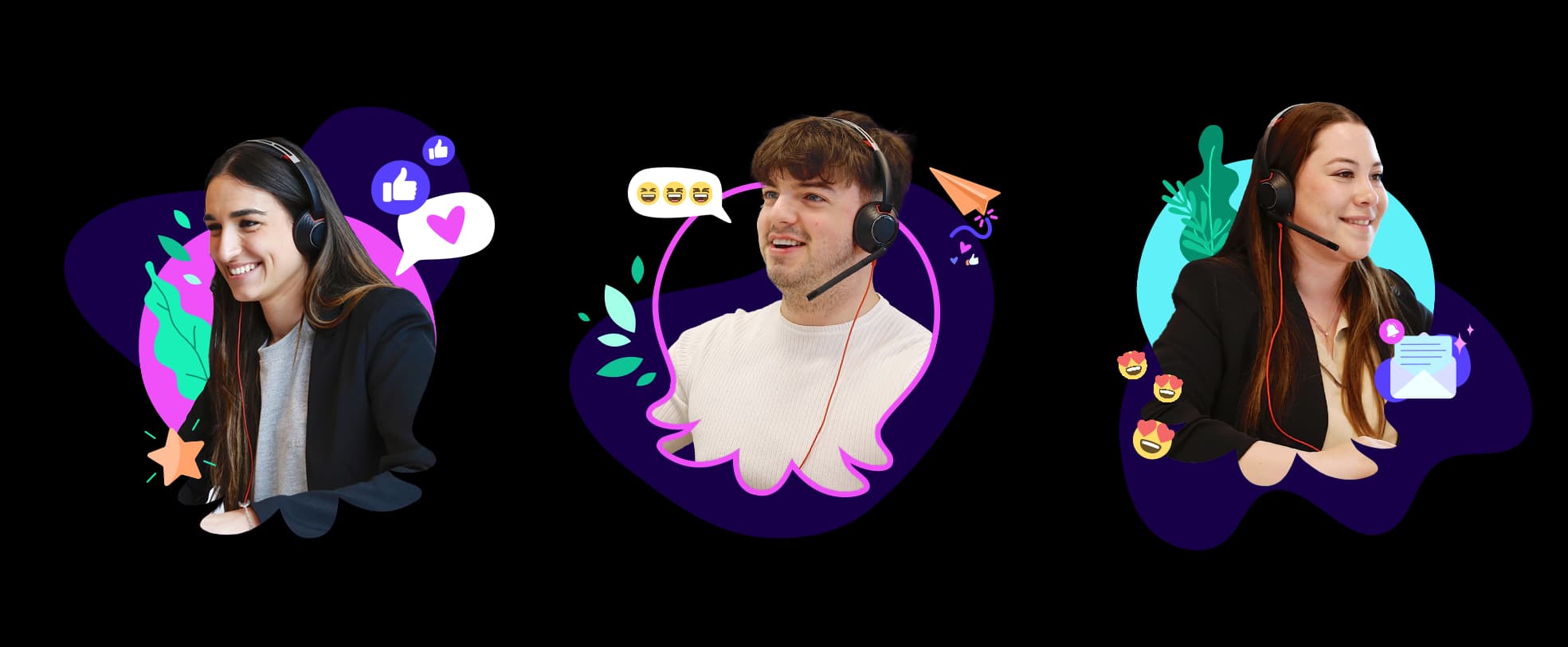Foto di tre membri del nostro team operativo che rispondono alle telefonate, circondate da illustrazioni di foglie, bolle vocali ed emoji.